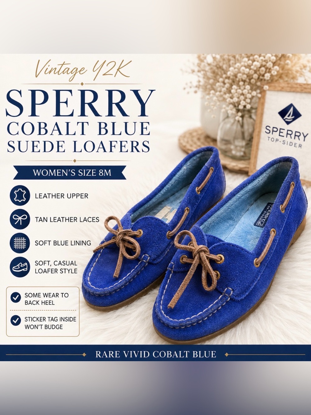 Sperry Cobalt Blue Suede Soft Loafers  with Tan Laces